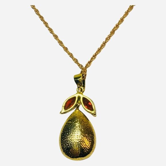 Vintage Red Rhinestone Pear Pendant Necklace 24" Gold Tone - Picture 16 of 16